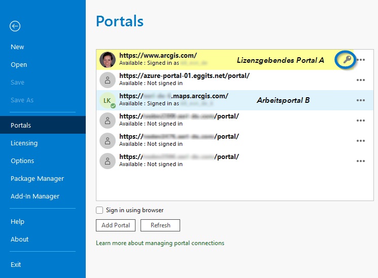 Screenshot der anwählbaren Portale in ArcGIS Pro