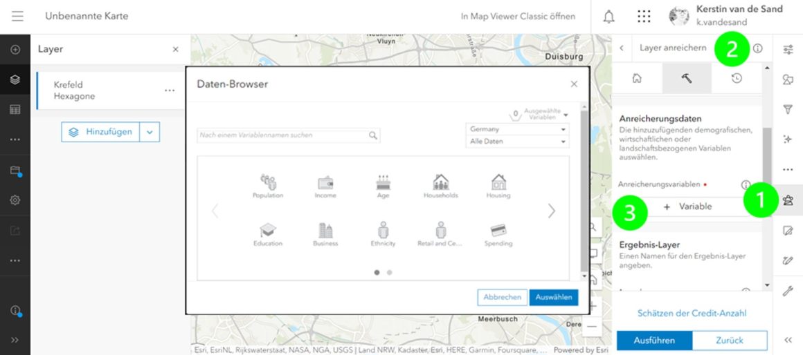 Screenshot des Tools Datenanreicherung in ArcGIS Online Map Viewer