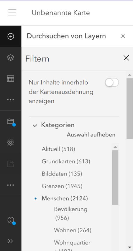 Screenshot der Filtermöglichkeiten im ArcGIS Online Map Viewer