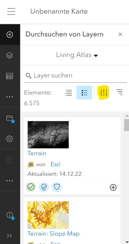 Screenshot der Layer-Suchfunktion im ArcGIS Online Map Viewer