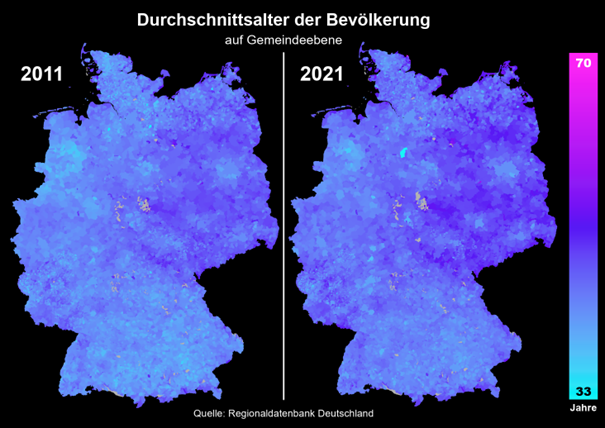 Durchschnittsalter der deutschen Bevölkerung 2011 und 2021 im Vergleich