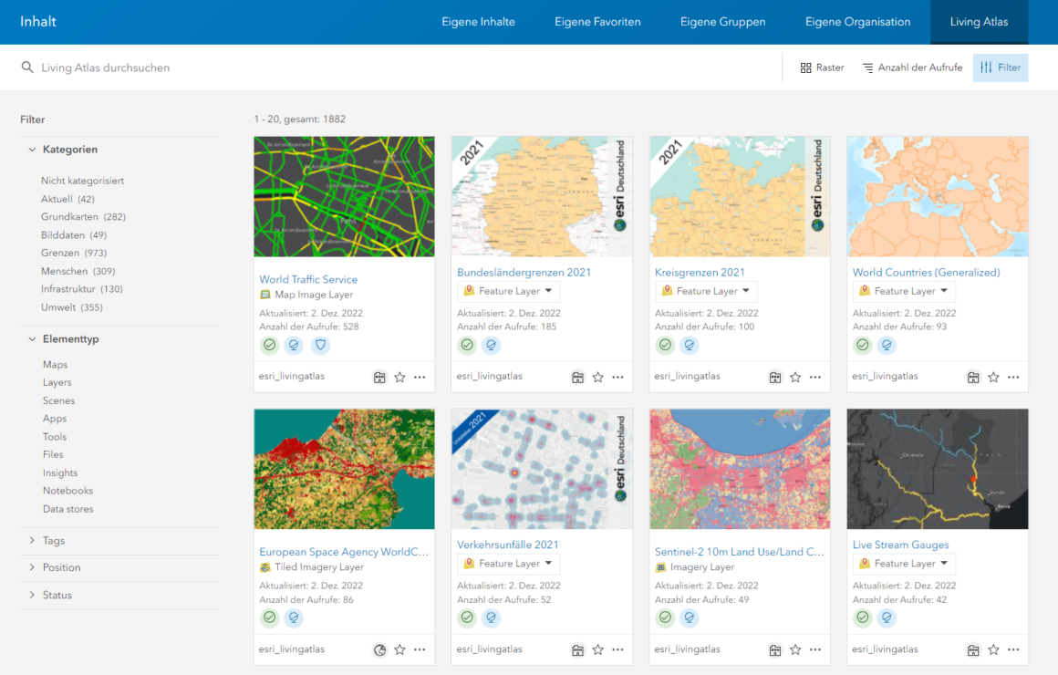 Tab „Living Atlas“ beim Enterprise Portal. Verwenden Sie Filter, um den gewünschten Inhalt zu suchen.  