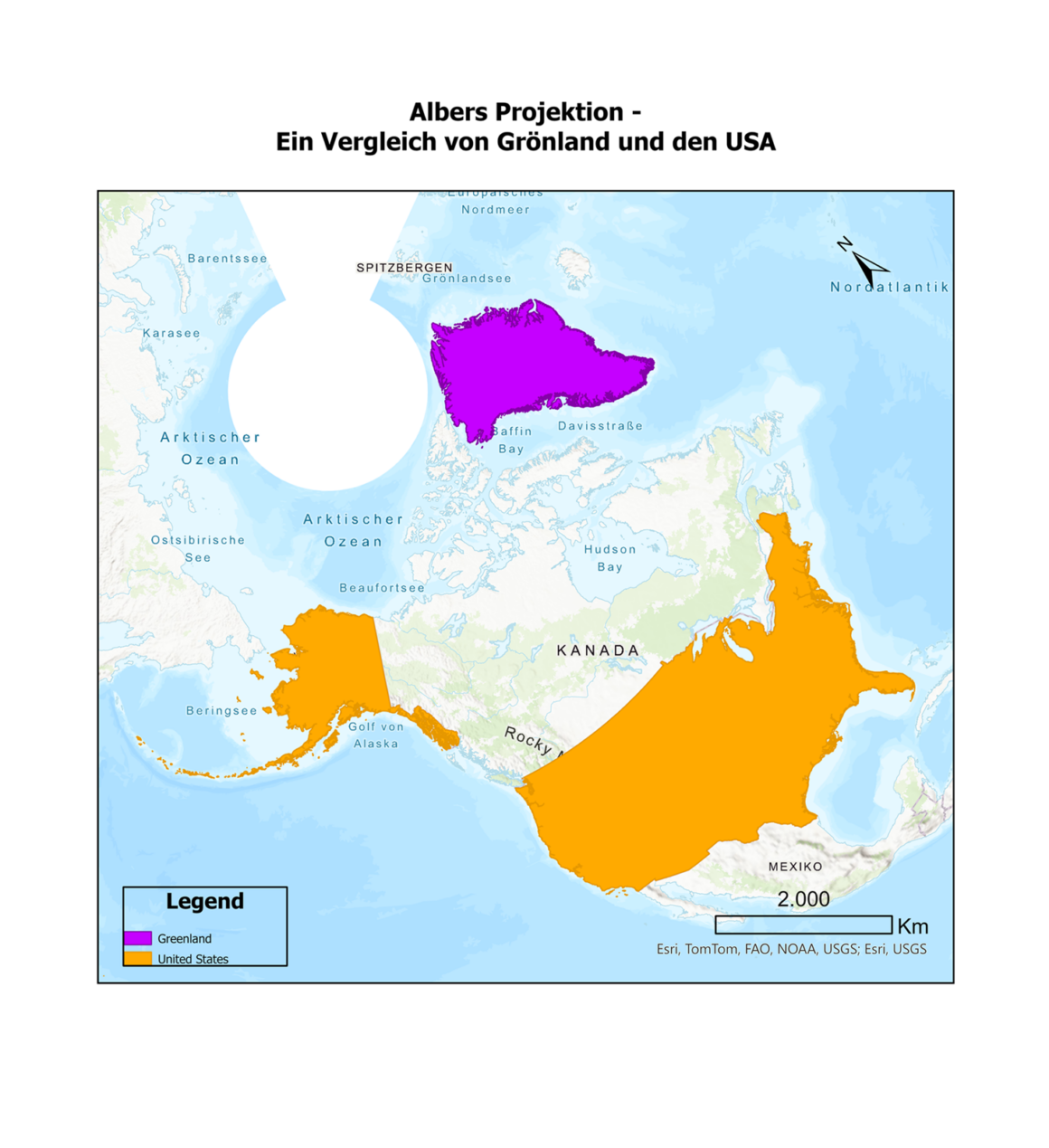 Abbildung 3 Die Albers-Kegelprojektion ist ein flächentreu Darstellung der Erdoberfläche. Gerade die nördliche Halbkugel wird bestmöglich dargestellt.