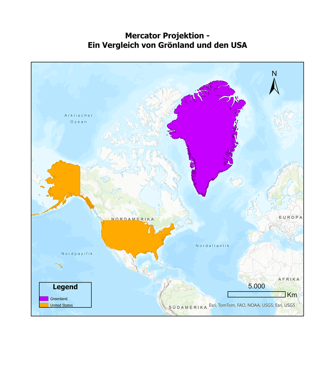 Abbildung 2 In der Mercator Projektion wirkt Grönland größer als die USA. In einer Mercator Projektion werden alle Landmassen größer je weiter diese vom Äquator entfernt sind. Je näher am Äquator, desto korrekter ist die Größe der Fläche. 