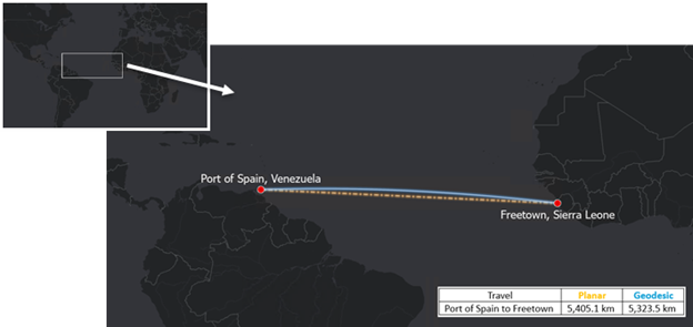 Optimaler Weg zwischen Port of Spain, Venezuela in Südamerika, und Freetown, Sierra Leone in Afrika. Die Projektion ist WGS 1984 Äquidistante Zylinderprojektion (Standardparallelkreis = 0).