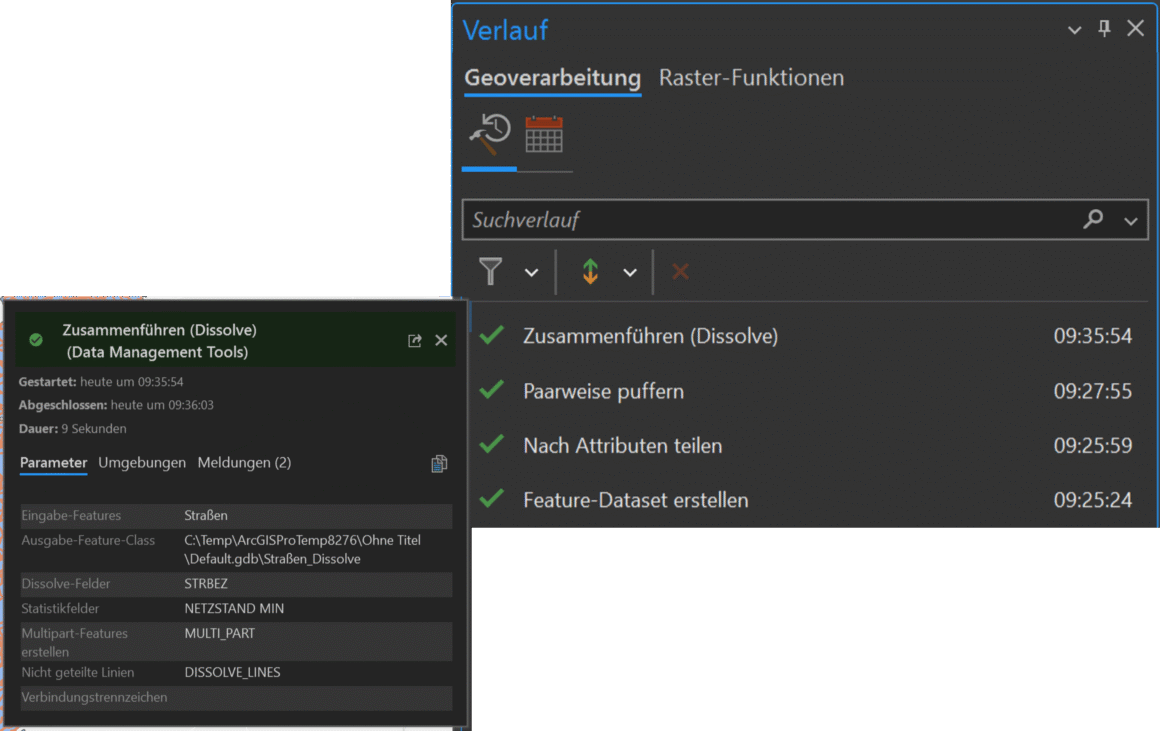 Bereich "Verlauf" mit Parametern des ausgeführten Geoverarbeitungswerkzeugs als Pop-up