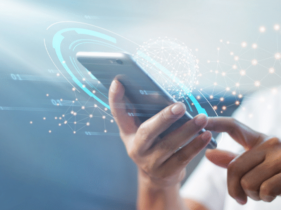 Man using mobile smart phone with global network connection