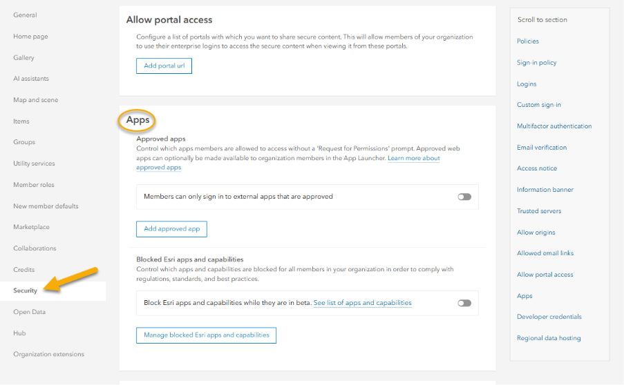 Abschnitt Sicherheit unter Apps