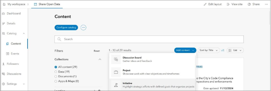 Erstellen Sie eine Initiative und fügen Sie sie direkt zum konfigurierten Katalog der Site hinzu