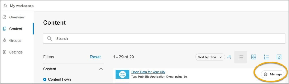Klicken Sie in Ihrem Benutzer-Workspace auf die Schaltfläche "Verwalten", um den Site-Workspace zu öffnen.