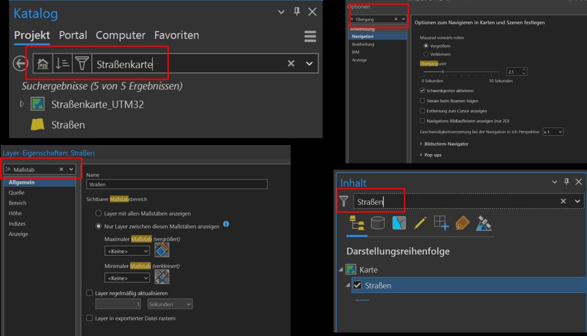 Suchleisten in den Optionen, Layer- und Karten-Eigenschaften und im Inhalt 