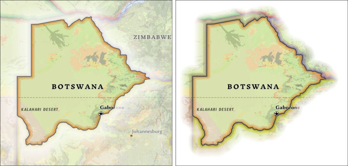 Vergleichende Kartenansicht von Botswana in Afrika zur Veranschaulichung der Figur‑Grund‑Organisation mit Schlagschatten links und abgeschwächtem, gerastertem Hintergrund rechts, jeweils mit deutlich abgegrenztem Landesumriss, Darstellung der Kalahari‑Wüste sowie Beschriftungen von Botswana, Gaborone und benachbarten Regionen.