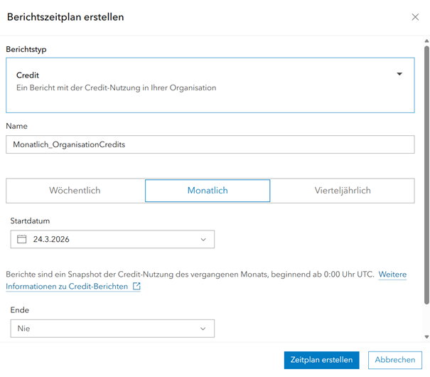 Screenshot, wie man einen Zeitplan für einen Bericht in ArcGIS erstellt.
