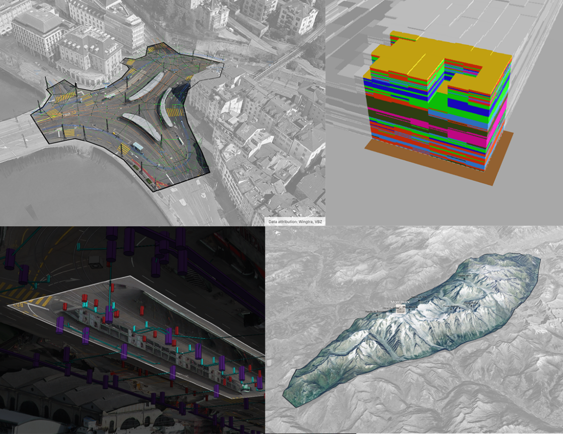 Vierteilige Visualisierung von Geodaten: oben links eine Luftbildkarte mit Verkehrsnetz-Analyse, oben rechts ein farbcodiertes 3D-Gebäudemodell, unten links eine unterirdische Infrastrukturansicht mit Leitungen und Stützen, unten rechts ein Geländemodell eines Gebirgszugs.