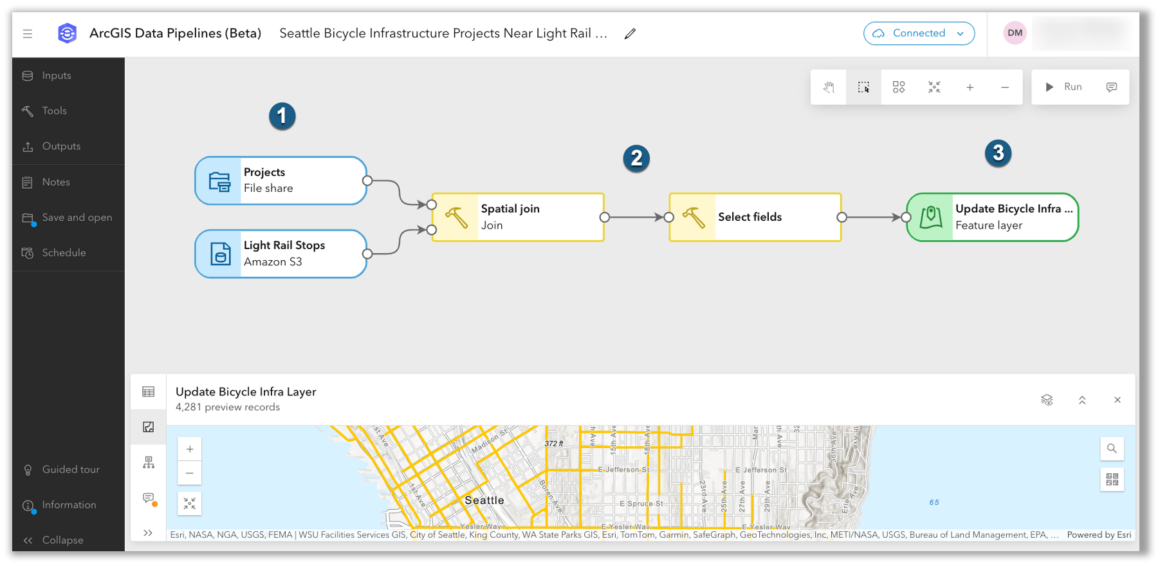 Screenshot von ArcGIS Data Pipelines (Beta) mit einem Workflow-Diagramm: Zwei Datenquellen (Projects und Light Rail Stops) werden über einen Spatial Join verbunden, Felder ausgewählt und anschließend ein Fahrrad-Infrastruktur-Layer aktualisiert, mit Kartenansicht im unteren Bereich.