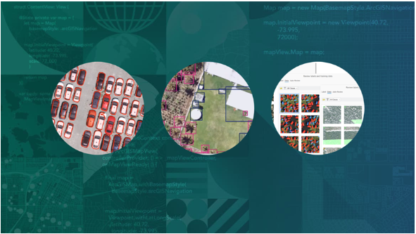 Grafik mit drei kreisförmigen Ausschnitten, die unterschiedliche GeoAI-Anwendungsfälle zeigen: links Fahrzeugerkennung mit Bounding-Boxen, in der Mitte Segmentierung von Vegetation und Gebäuden, rechts Darstellung von Trainingsdaten und Klassifikationsergebnissen in einer Benutzeroberfläche.