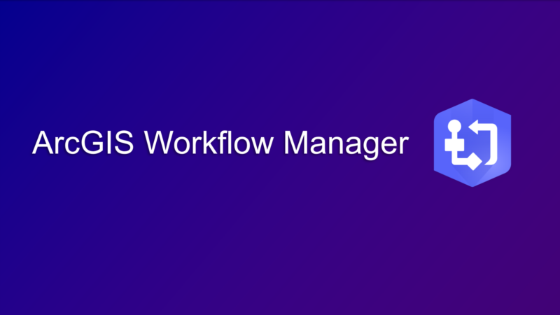 Titelgrafik mit der Aufschrift „ArcGIS Workflow Manager“ auf violettem Hintergrund und zugehörigem Workflow-Icon.