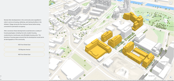 3D‑Webszene einer städtischen Umgebung mit Straßen, Grünflächen und Gebäuden. Mehrere Gebäude sind in Gelb hervorgehoben, um geplante oder analysierte Bauprojekte darzustellen. Links befindet sich ein Menü mit Auswahloptionen für verschiedene Adressen, während die Szene eine realistische Perspektive mit Höhenunterschieden und Infrastruktur zeigt.