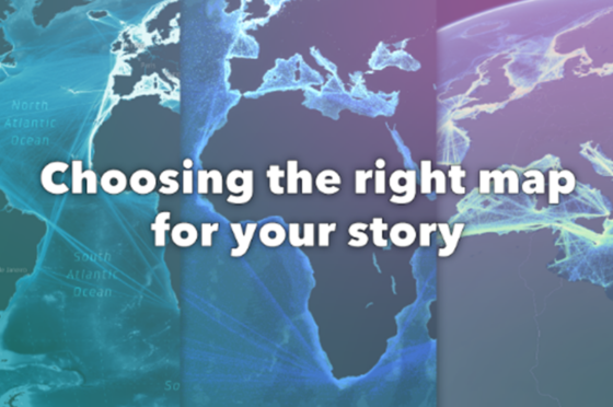 Drei nebeneinander dargestellte Weltkarten in unterschiedlichen Stilen mit der Überschrift „Choosing the right map for your story“.