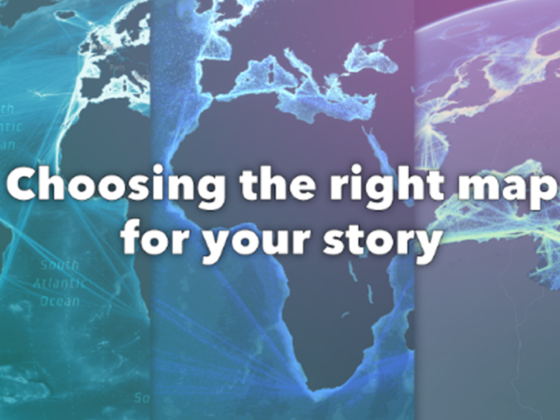 Drei nebeneinander dargestellte Weltkarten in unterschiedlichen Stilen mit der Überschrift „Choosing the right map for your story“.