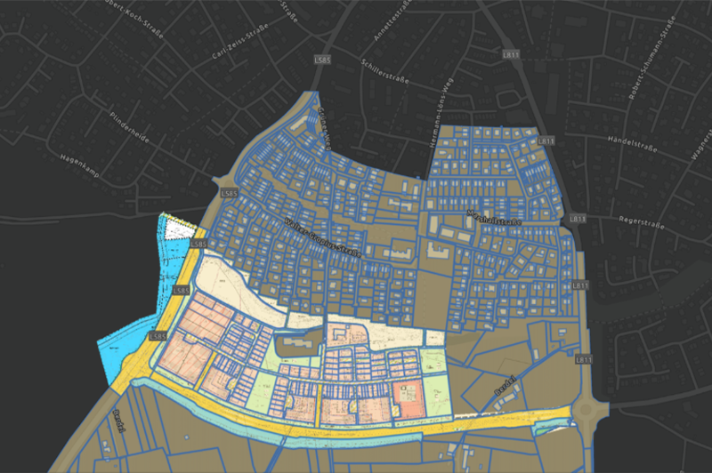 Kartendarstellung von Flurstücken mit farblich hervorgehobenen Parzellen, Grenzen und Nutzungsflächen in einer ArcGIS Parcel Fabric Umgebung.