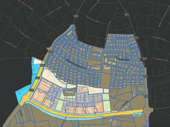 Kartendarstellung von Flurstücken mit farblich hervorgehobenen Parzellen, Grenzen und Nutzungsflächen in einer ArcGIS Parcel Fabric Umgebung.