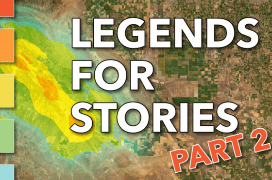 Titelgrafik mit der Aufschrift „LEGENDS FOR STORIES – PART 2“ über einer Satellitenkarte mit landwirtschaftlichen Flächen und Farbabstufungen. Links sind farbige Kästchen angeordnet, die unterschiedliche Legendenkategorien darstellen, während die farblich hervorgehobenen Flächen auf der Karte die visuelle Umsetzung von Kartensymbolik zeigen.