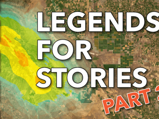 Titelgrafik mit der Aufschrift „LEGENDS FOR STORIES – PART 2“ über einer Satellitenkarte mit landwirtschaftlichen Flächen und Farbabstufungen. Links sind farbige Kästchen angeordnet, die unterschiedliche Legendenkategorien darstellen, während die farblich hervorgehobenen Flächen auf der Karte die visuelle Umsetzung von Kartensymbolik zeigen.