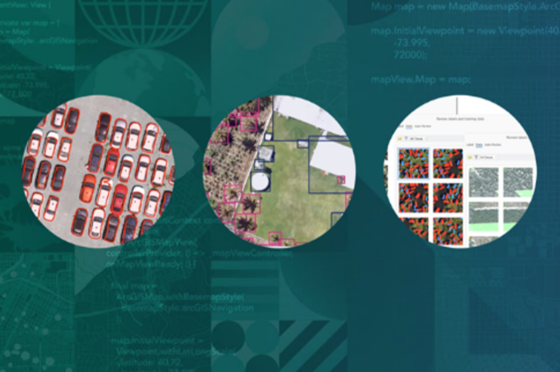 Grafik mit drei kreisförmigen Ausschnitten, die unterschiedliche GeoAI-Anwendungsfälle zeigen: links Fahrzeugerkennung mit Bounding-Boxen, in der Mitte Segmentierung von Vegetation und Gebäuden, rechts Darstellung von Trainingsdaten und Klassifikationsergebnissen in einer Benutzeroberfläche.