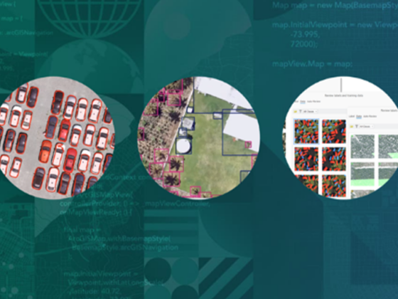 Grafik mit drei kreisförmigen Ausschnitten, die unterschiedliche GeoAI-Anwendungsfälle zeigen: links Fahrzeugerkennung mit Bounding-Boxen, in der Mitte Segmentierung von Vegetation und Gebäuden, rechts Darstellung von Trainingsdaten und Klassifikationsergebnissen in einer Benutzeroberfläche.