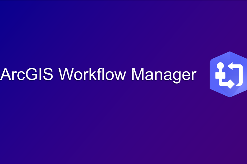 Titelgrafik mit der Aufschrift „ArcGIS Workflow Manager“ auf violettem Hintergrund und zugehörigem Workflow-Icon.