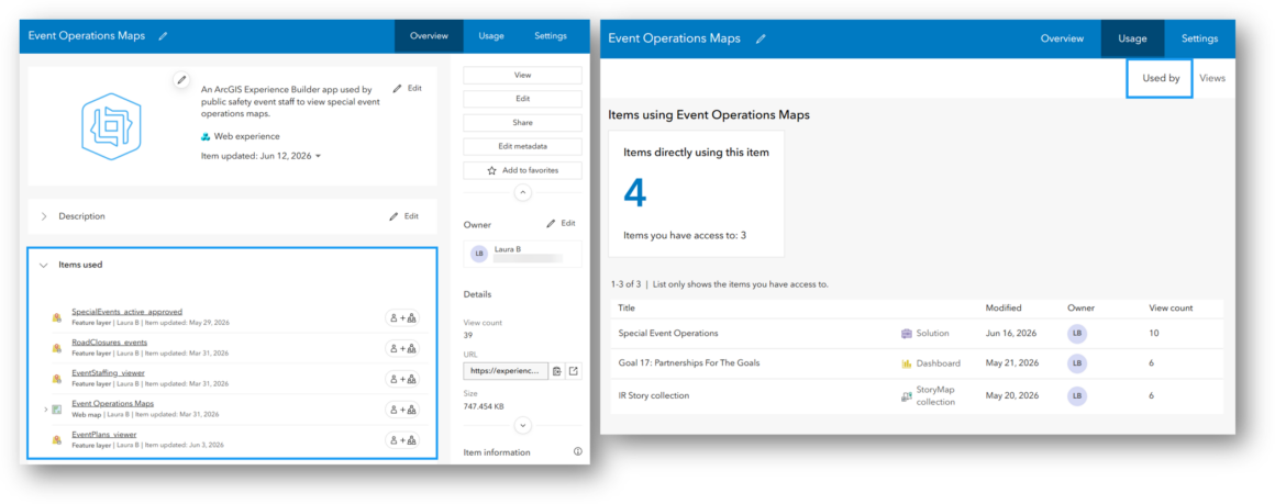 Elementseite einer ArcGIS-App mit den Bereichen „Verwendete Elemente“ und „Verwendet von“. Die Ansicht zeigt die Inhalte, die von der App genutzt werden, sowie Elemente, die auf die App verweisen.