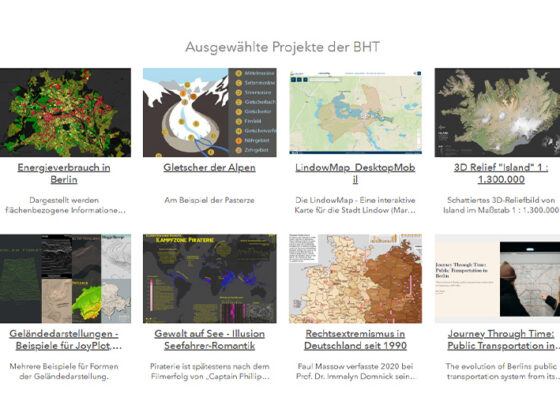 Übersichtsseite mit ausgewählten GIS- und Kartografieprojekten der Berliner Hochschule für Technik (BHT). Gezeigt werden unter anderem Visualisierungen zum Energieverbrauch in Berlin, Gletschern der Alpen, einer interaktiven Stadtkarte, einem 3D-Relief von Island sowie weiteren geowissenschaftlichen und kartografischen Anwendungen.