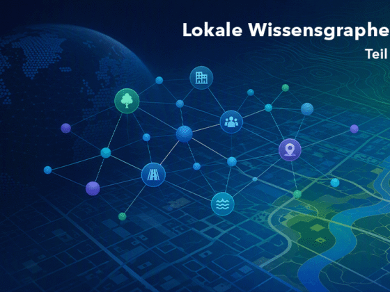 Visualisierung eines räumlichen Wissensgraphen über einer digitalen Karte mit vernetzten Knotenpunkten und Symbolen für Orte, Personen, Infrastruktur und Umweltinformationen.