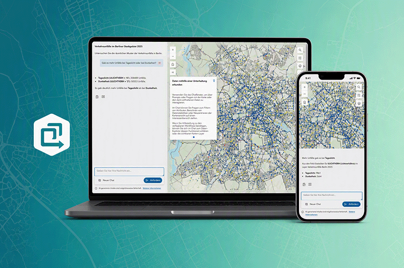 Titelbild einer ArcGIS-Anwendung mit interaktiver Karte von Berlin und integriertem KI-Assistenten auf Laptop und Smartphone zur Analyse räumlicher Daten.