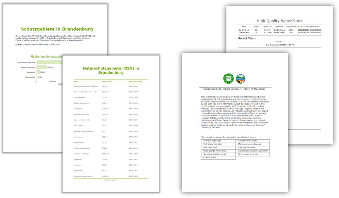 Vorschau verschiedener Umweltberichte mit Tabellen, Diagrammen und Analysen zu Schutzgebieten, Naturschutzflächen, Wasserqualitätsstandorten und Umweltverträglichkeitsprüfungen.