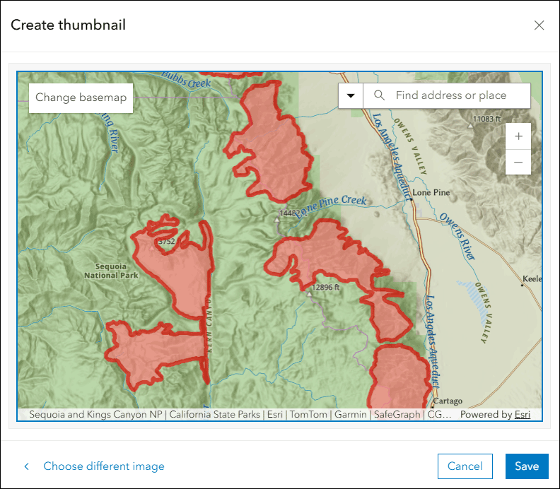 Dialogfenster „Miniaturansicht erstellen“ in ArcGIS Online. Die Karte wurde vergrößert und auf die Lebensräume des Sierra-Nevada-Dickhornschafs ausgerichtet, die als rote Flächen auf einer topografischen Grundkarte dargestellt sind. Unten rechts befindet sich die Schaltfläche „Speichern“