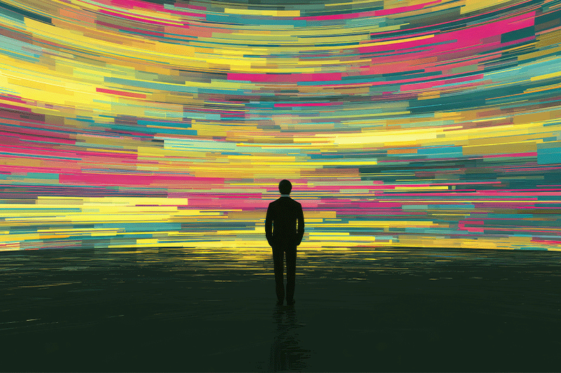 Silhouette einer Person vor einer großflächigen, gekrümmten digitalen Anzeige mit farbigen Datenströmen in Gelb, Türkis und Magenta.