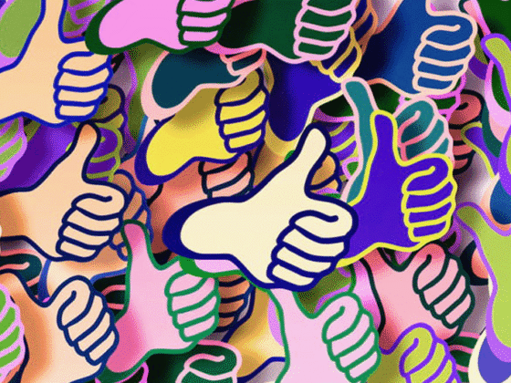 Bunte, überlappende Illustrationen von zahlreichen Daumen-hoch-Symbolen in verschiedenen Farben wie Lila, Grün, Rosa, Blau und Beige füllen das gesamte Bild und erzeugen einen lebendigen, abstrakten Hintergrund.
