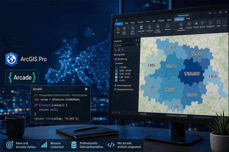 ArcGIS Pro mit Arcade-Skript zur Formatierung von Tausendertrennzeichen in Kartenbeschriftungen und Darstellung formatierter Einwohnerzahlen auf einer Karte.