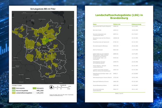 Bericht zu Schutzgebieten in Brandenburg mit einer Übersichtskarte der Schutzgebiete und einem Unterbericht zu Landschaftsschutzgebieten mit Tabellenangaben zu Fläche und Erstausweisungsdatum.