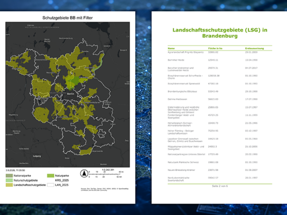 Bericht zu Schutzgebieten in Brandenburg mit einer Übersichtskarte der Schutzgebiete und einem Unterbericht zu Landschaftsschutzgebieten mit Tabellenangaben zu Fläche und Erstausweisungsdatum.