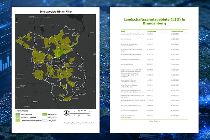 Bericht zu Schutzgebieten in Brandenburg mit einer Übersichtskarte der Schutzgebiete und einem Unterbericht zu Landschaftsschutzgebieten mit Tabellenangaben zu Fläche und Erstausweisungsdatum.