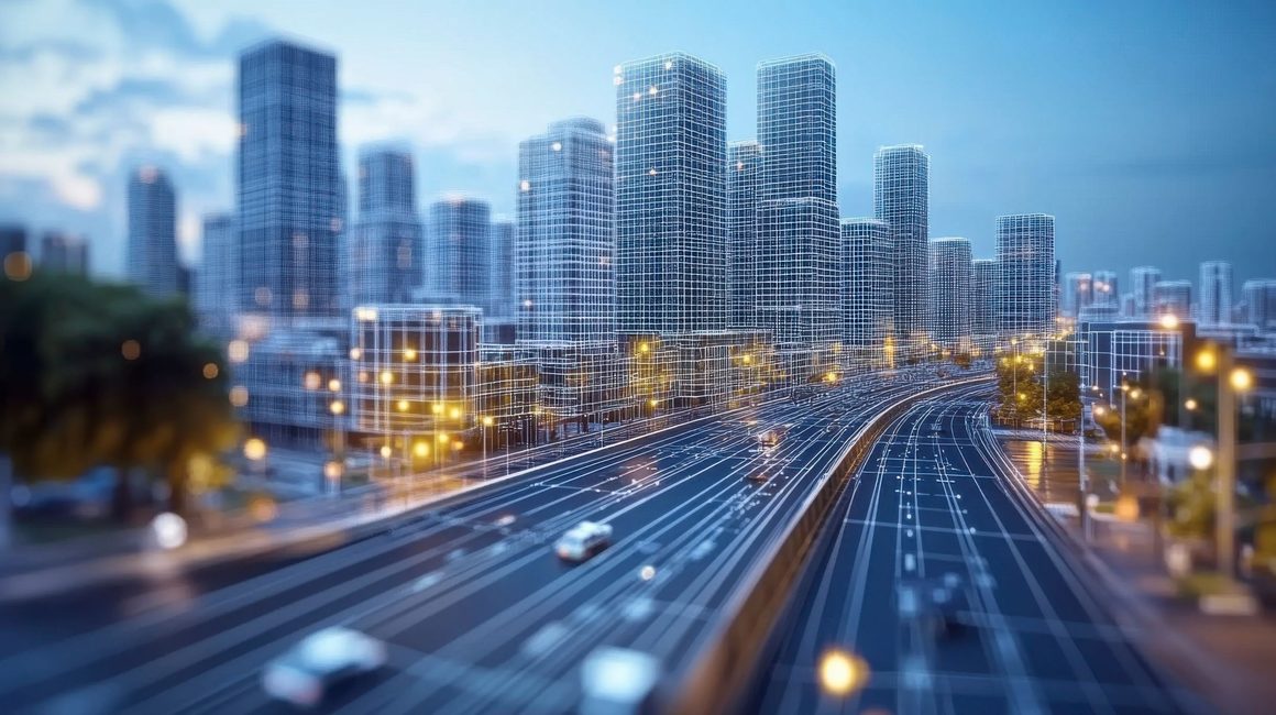 Digitale Stadtansicht mit 3D-Gebäudemodellen und Straßennetz als Visualisierung eines digitalen Zwillings für Smart-City-Anwendungen.