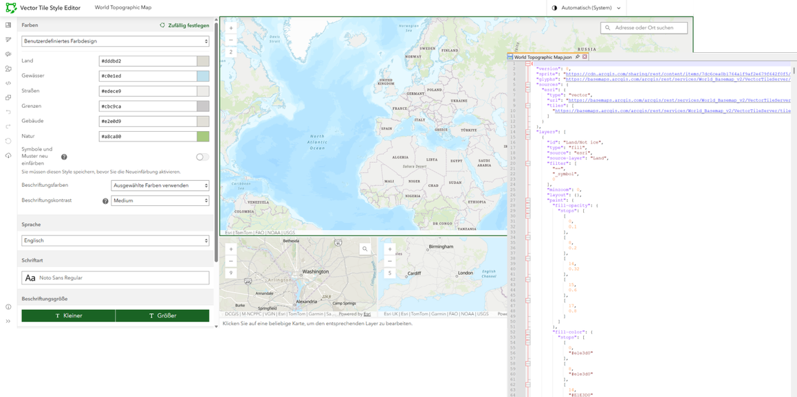 Benutzeroberfläche des Vector Tile Style Editors zur Anpassung von Farben, Beschriftungen und Stilen einer digitalen Grundkarte mit JSON-Konfiguration.