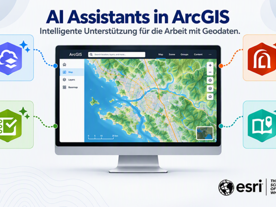 Illustration von KI-Assistenten in ArcGIS mit einer Kartenanwendung und Werkzeugen zur Unterstützung bei der Arbeit mit Geodaten.