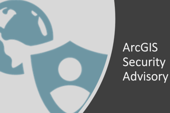 Grafik zum Thema IT-Sicherheit mit stilisiertem Schutzschild und Globus-Symbol. Rechts befindet sich der Schriftzug „ArcGIS Security Advisory“. Die Abbildung dient als visuelle Kennzeichnung eines Sicherheitshinweises oder einer Sicherheitswarnung für ArcGIS-Produkte.