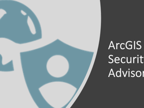 Grafik zum Thema IT-Sicherheit mit stilisiertem Schutzschild und Globus-Symbol. Rechts befindet sich der Schriftzug „ArcGIS Security Advisory“. Die Abbildung dient als visuelle Kennzeichnung eines Sicherheitshinweises oder einer Sicherheitswarnung für ArcGIS-Produkte.