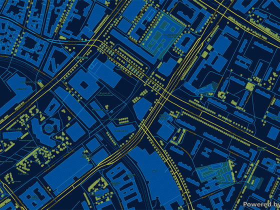 Digitale Stadtkarte mit Gebäuden, Straßen und Baumbestand, dargestellt als GIS-Grundkarte in Blau- und Gelbtönen.