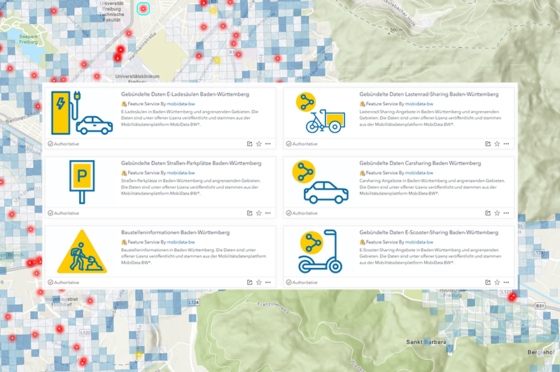 Eine Karte im Hintergrund mit einem Screenshot von Feature Services im ArcGIS Living Atlas